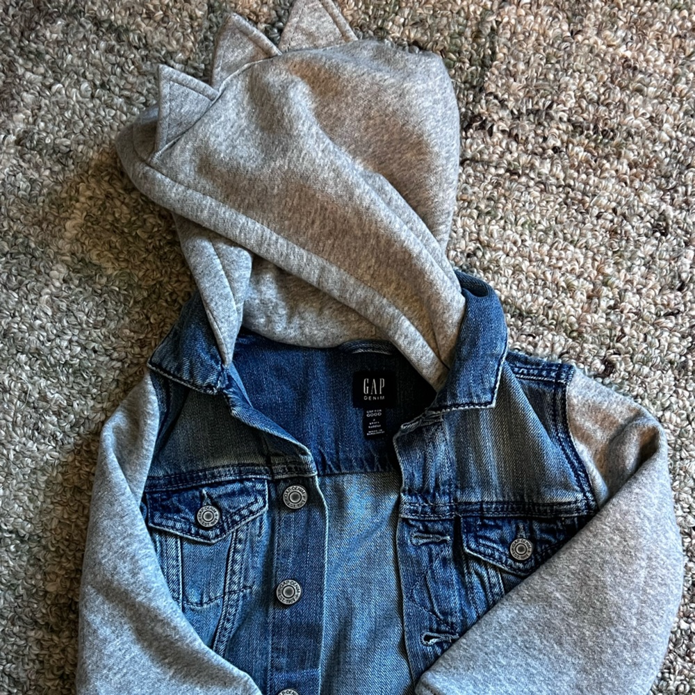 GAP Kids Denim Jacket with Gray Dinosaur Hood and Sleeves